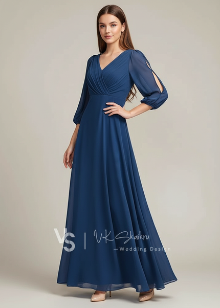 Jugendweihe Kleid Dunkelblau Hochzeit Chiffon A-Linie - Ansicht 1