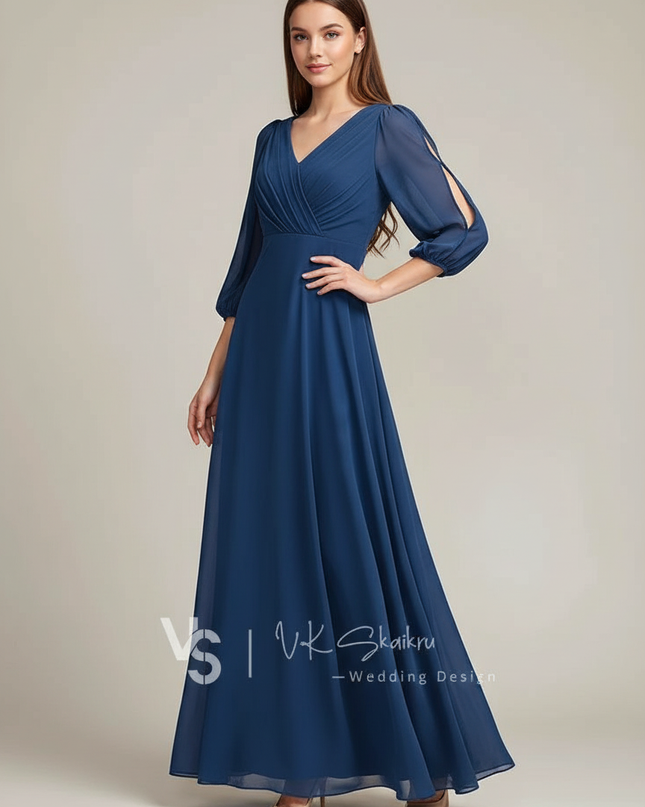 Jugendweihe Kleid Dunkelblau Hochzeit Chiffon A-Linie - Ansicht 1