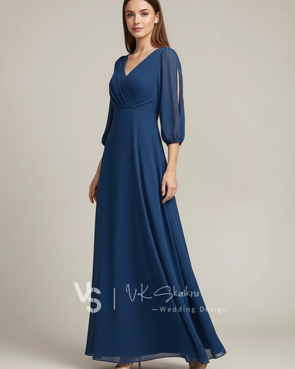 Jugendweihe Kleid Dunkelblau Hochzeit Chiffon A-Linie - Ansicht 3