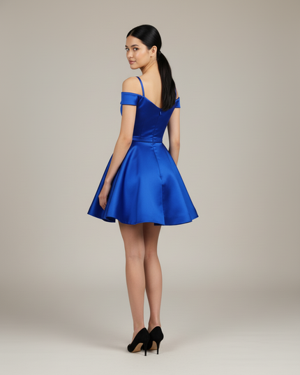 Jugendweihe Kleid Dunkelblau Kurz Off-Shoulder Satin - Ansicht 2
