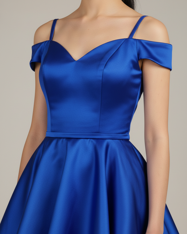 Jugendweihe Kleid Dunkelblau Kurz Off-Shoulder Satin - Ansicht 4