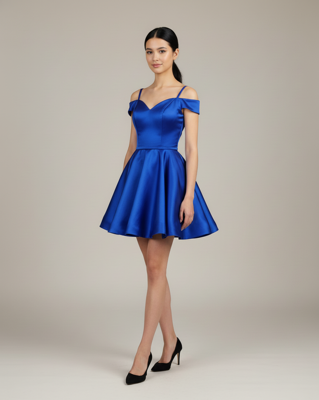 Jugendweihe Kleid Dunkelblau Kurz Off-Shoulder Satin - Ansicht 5