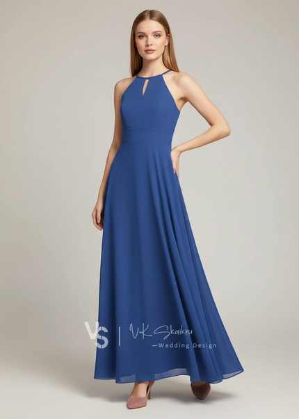 Jugendweihe Kleid Dunkelblau Chiffon Lang Halter - Ansicht 1