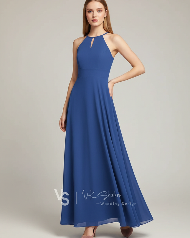 Jugendweihe Kleid Dunkelblau Chiffon Lang Halter - Ansicht 1