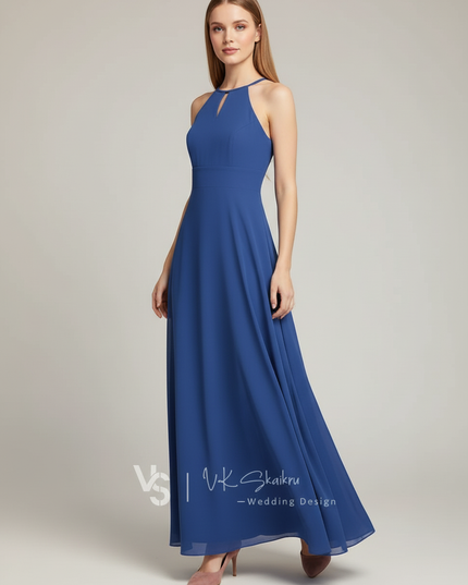 Jugendweihe Kleid Dunkelblau Chiffon Lang Halter - Ansicht 3