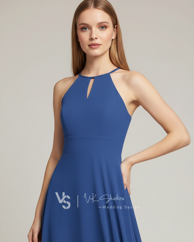 Jugendweihe Kleid Dunkelblau Chiffon Lang Halter - Ansicht 4