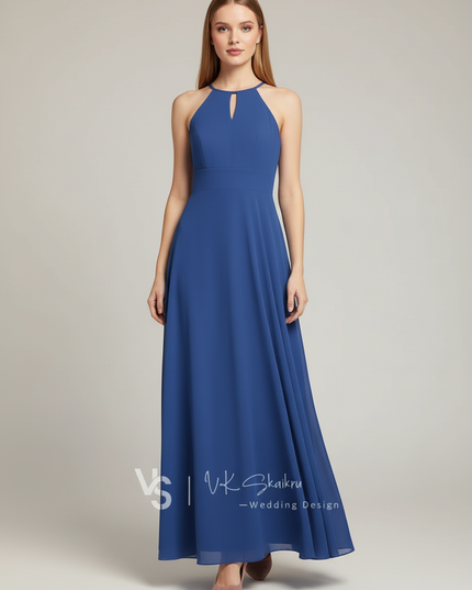 Jugendweihe Kleid Dunkelblau Chiffon Lang Halter - Ansicht 5