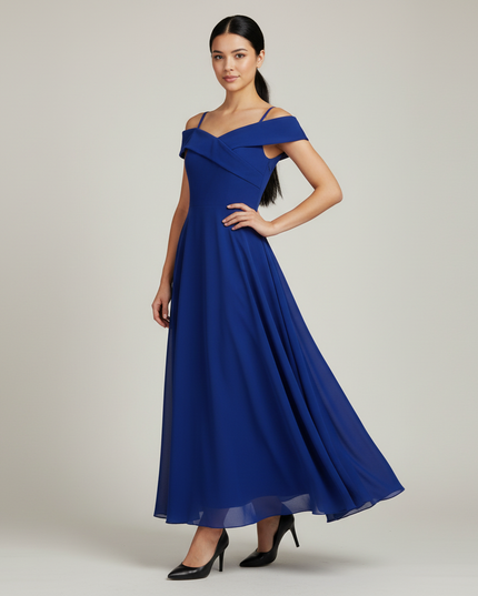 Jugendweihe Kleid Dunkelblau Off Shoulder Chiffon - Ansicht 1