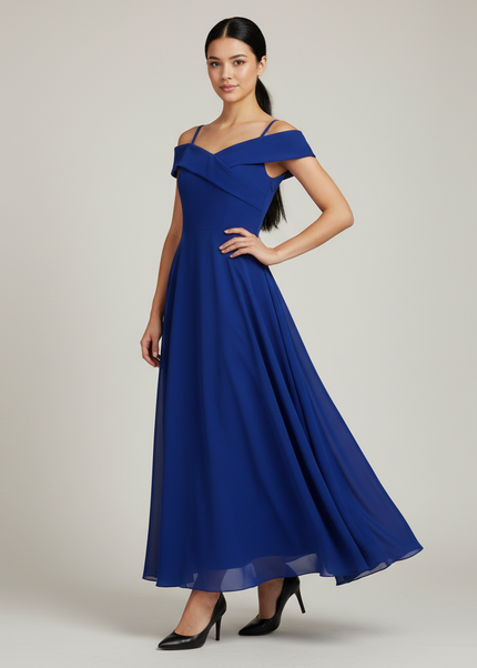 Jugendweihe Kleid Dunkelblau Off Shoulder Chiffon - Ansicht 1