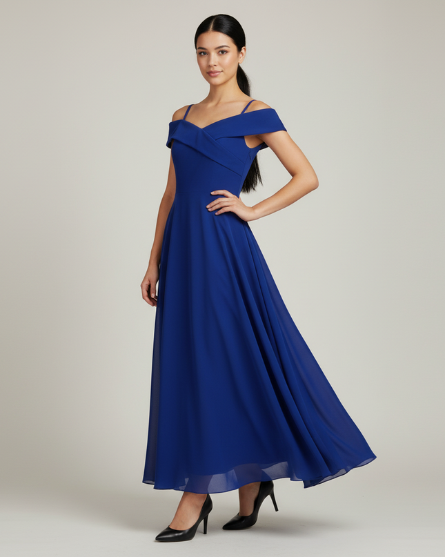 Jugendweihe Kleid Dunkelblau Off Shoulder Chiffon - Ansicht 1