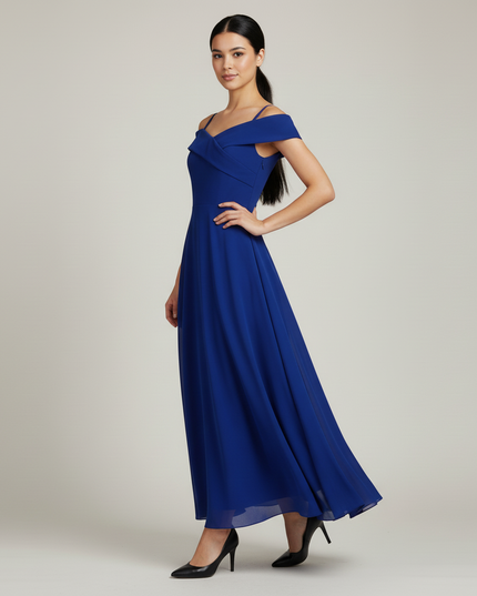 Jugendweihe Kleid Dunkelblau Off Shoulder Chiffon - Ansicht 3