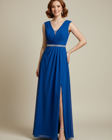 Jugendweihe Kleid Dunkelblau V-Ausschnitt Chiffon lang - Ansicht 1