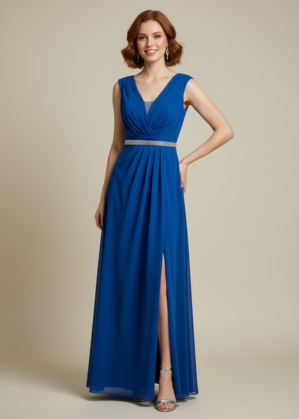Jugendweihe Kleid Dunkelblau V-Ausschnitt Chiffon lang - Ansicht 1