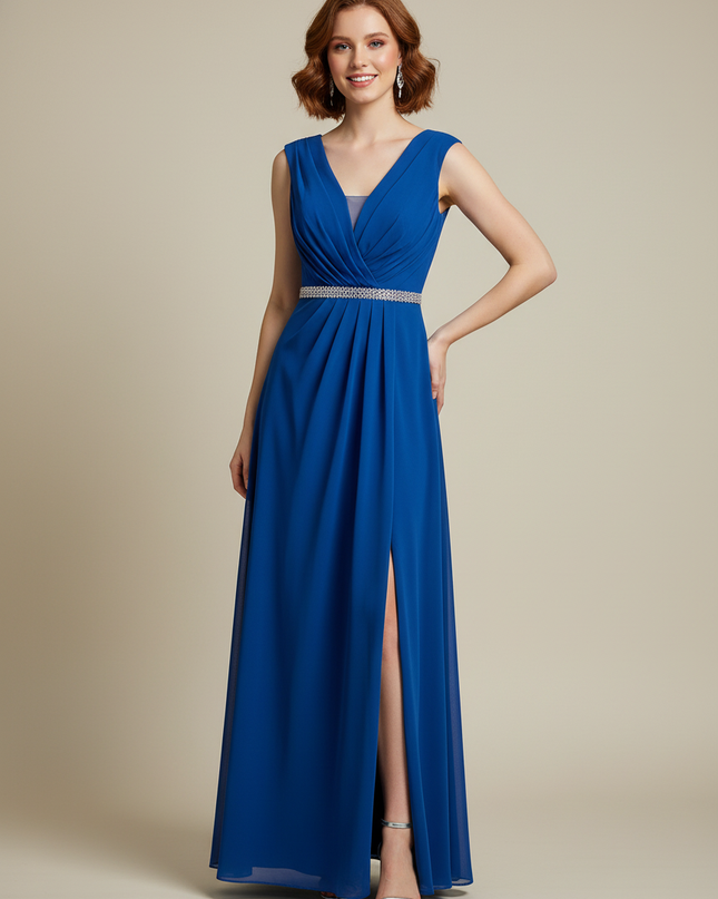 Jugendweihe Kleid Dunkelblau V-Ausschnitt Chiffon lang - Ansicht 1