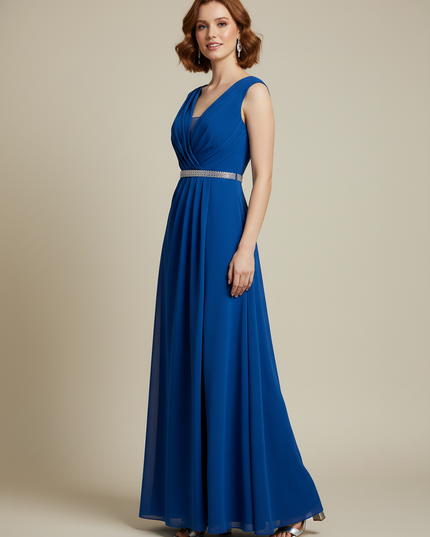 Jugendweihe Kleid Dunkelblau V-Ausschnitt Chiffon lang - Ansicht 3