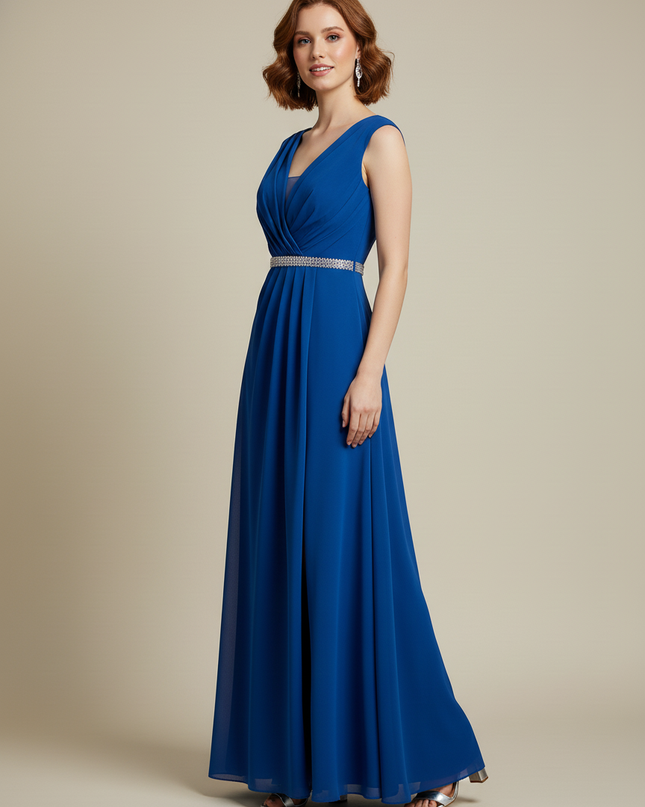 Jugendweihe Kleid Dunkelblau V-Ausschnitt Chiffon lang - Ansicht 3