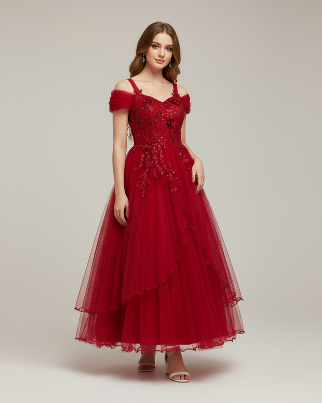 Jugendweihe Kleid Dunkelrot Spitze Kinder | Lang - Ansicht 1