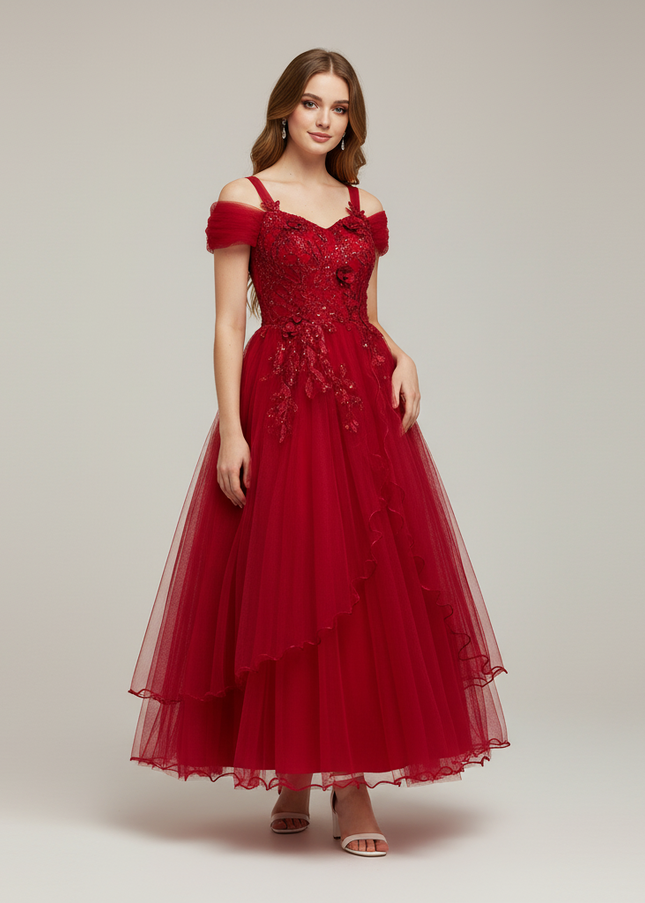 Jugendweihe Kleid Dunkelrot Spitze Kinder | Lang - Ansicht 1