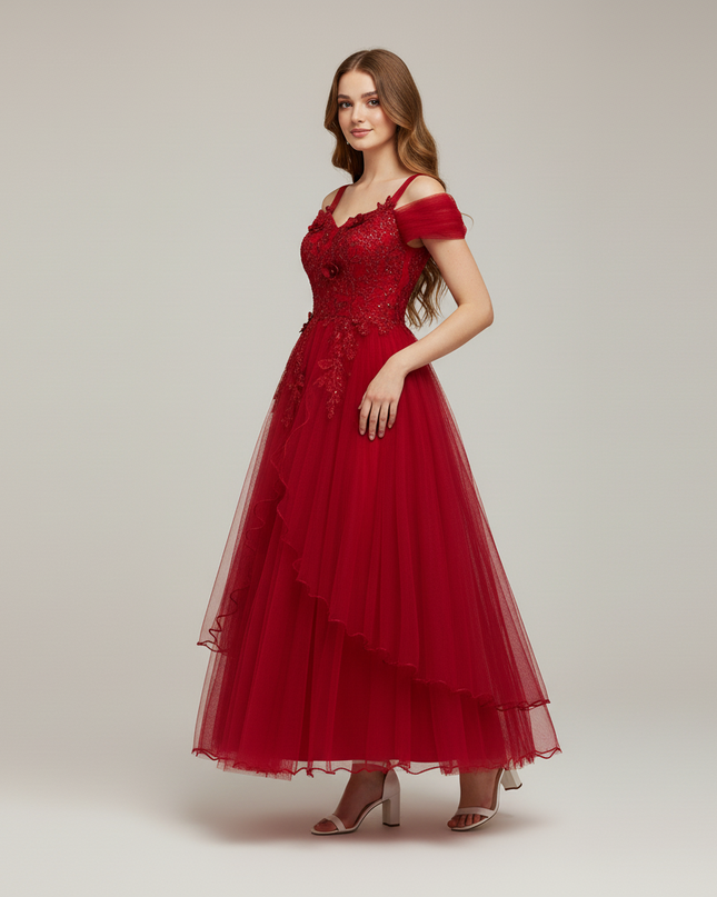 Jugendweihe Kleid Dunkelrot Spitze Kinder | Lang - Ansicht 3