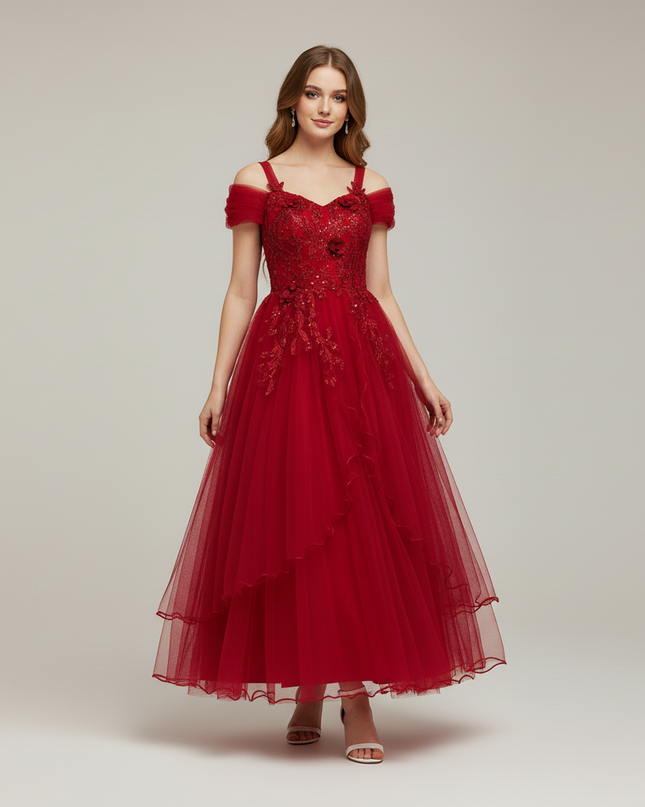 Jugendweihe Kleid Dunkelrot Spitze Kinder | Lang - Ansicht 5