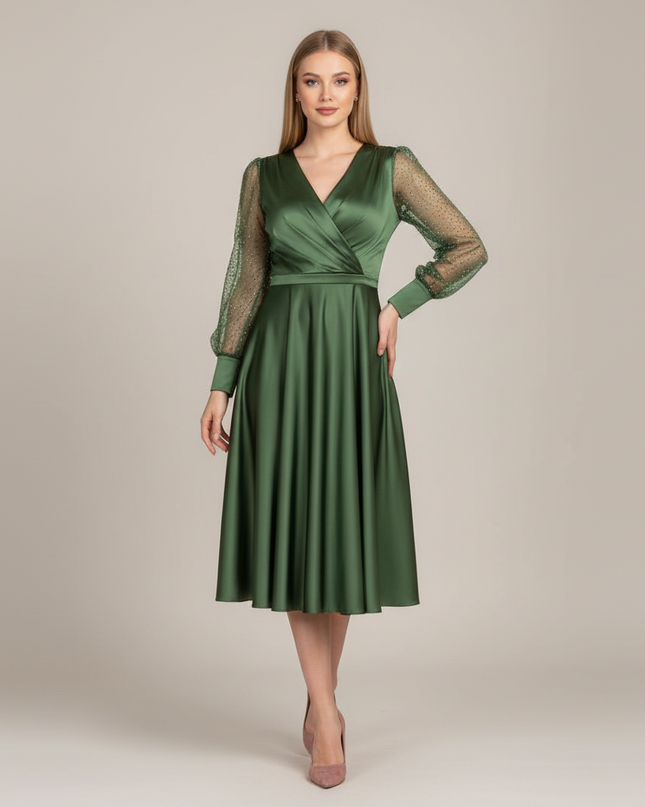 Jugendweihe Kleid Glitzer Satin Gruen | Puffaermel - Ansicht 1