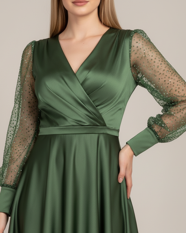 Jugendweihe Kleid Glitzer Satin Gruen | Puffaermel - Ansicht 4