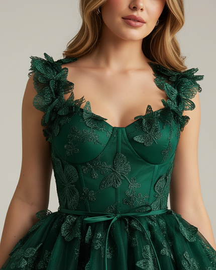 Jugendweihe Kleid Gruen Glitzer Schmetterling - 3D Kurz - Ansicht 4
