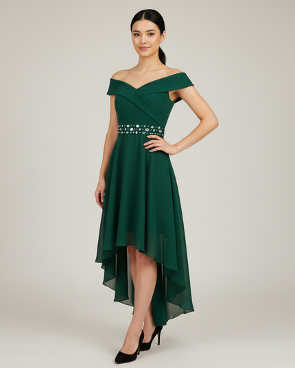 Jugendweihe Kleid Gruen Kurz Off-Shoulder Hi-Lo Mint - Ansicht 1