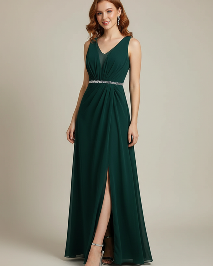 Jugendweihe Kleid Gruen Silber Sequin V-Ausschnitt Chiffon - Ansicht 1
