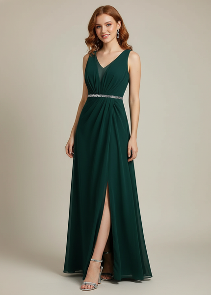 Jugendweihe Kleid Gruen Silber Sequin V-Ausschnitt Chiffon - Ansicht 1