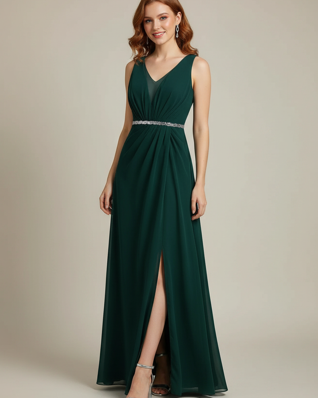 Jugendweihe Kleid Gruen Silber Sequin V-Ausschnitt Chiffon - Ansicht 1