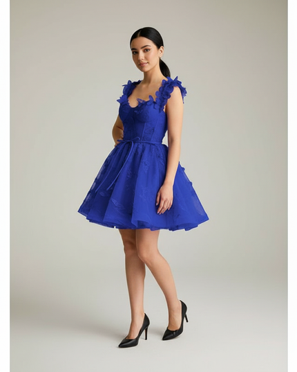 Jugendweihe Kleid Kurz Blau Schmetterling Tuell - Ansicht 1