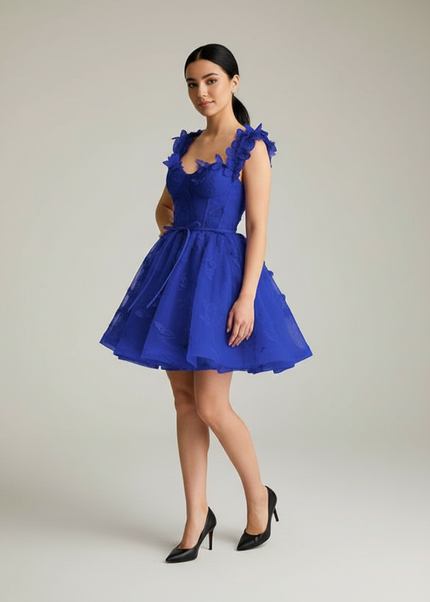 Jugendweihe Kleid Kurz Blau Schmetterling Tuell - Ansicht 1