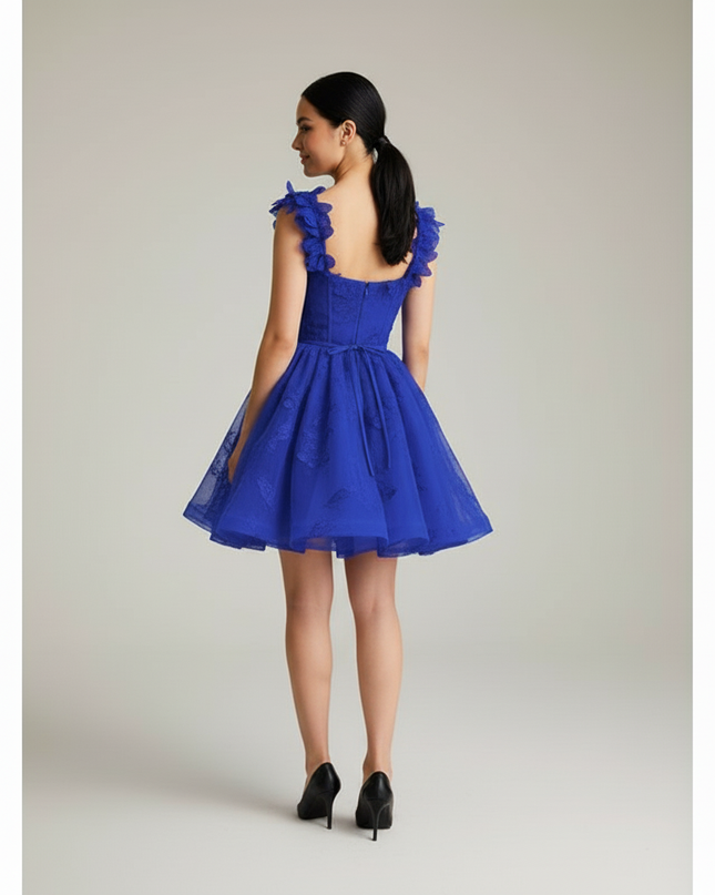 Jugendweihe Kleid Kurz Blau Schmetterling Tuell - Ansicht 2