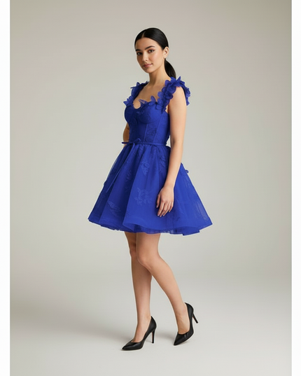 Jugendweihe Kleid Kurz Blau Schmetterling Tuell - Ansicht 3