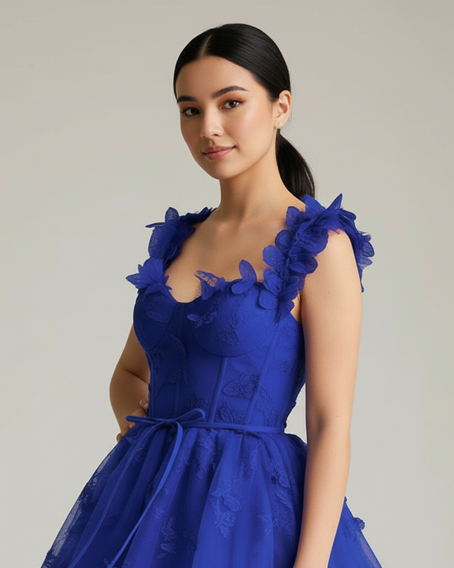 Jugendweihe Kleid Kurz Blau Schmetterling Tuell - Ansicht 4