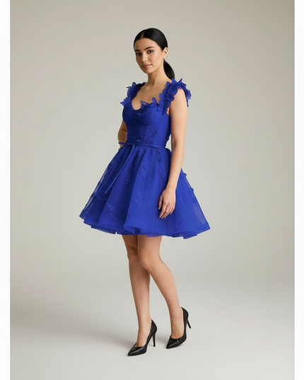 Jugendweihe Kleid Kurz Blau Schmetterling Tuell - Ansicht 5