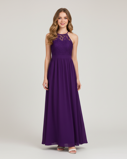 Jugendweihe Kleid Lila Halter Spitze Festlich | Lang - Ansicht 1