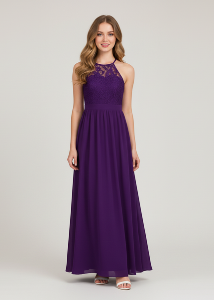 Jugendweihe Kleid Lila Halter Spitze Festlich | Lang - Ansicht 1