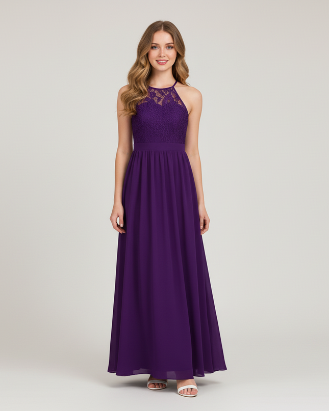 Jugendweihe Kleid Lila Halter Spitze Festlich | Lang - Ansicht 1