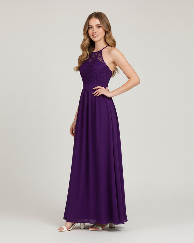 Jugendweihe Kleid Lila Halter Spitze Festlich | Lang - Ansicht 3