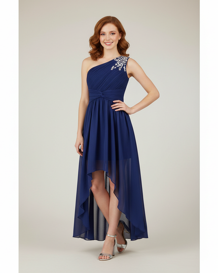 Jugendweihe Kleid Navy Blau Pailletten One-Shoulder - Ansicht 1