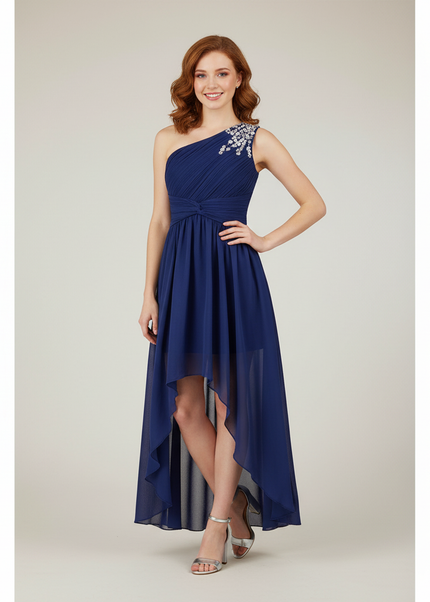 Jugendweihe Kleid Navy Blau Pailletten One-Shoulder - Ansicht 1