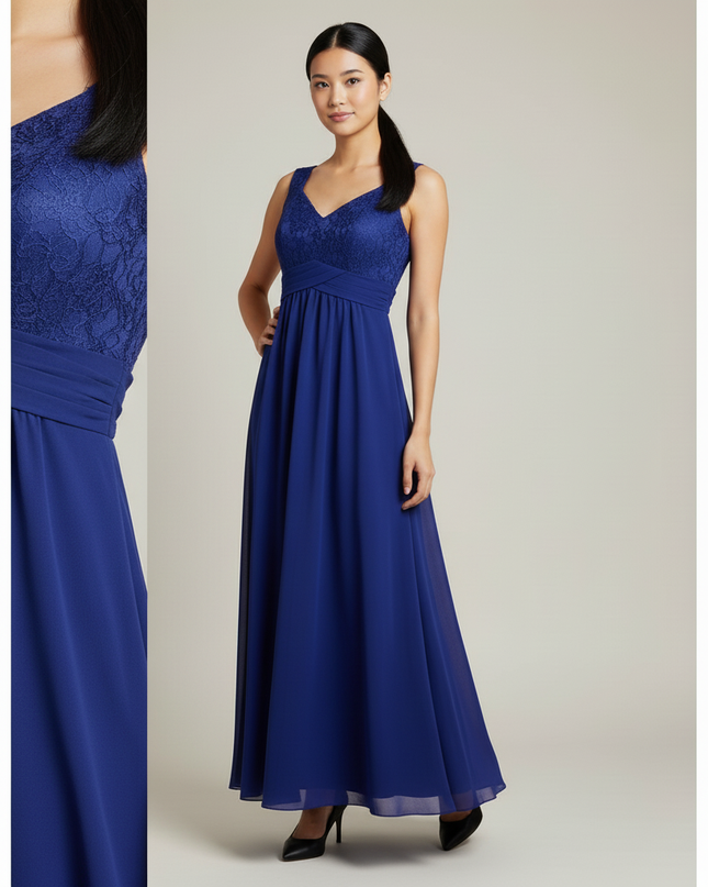 Jugendweihe Kleid Navy Blumen Spitze Lang Kinder - Ansicht 4