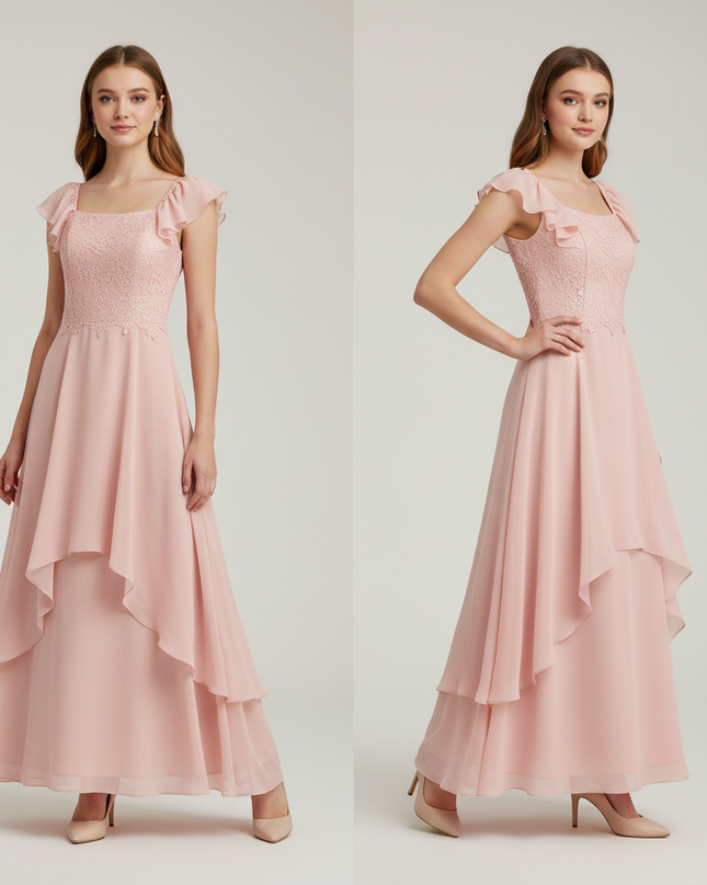 Jugendweihe Kleid Pfirsich Spitze | Chiffon Festkleid - Ansicht 1