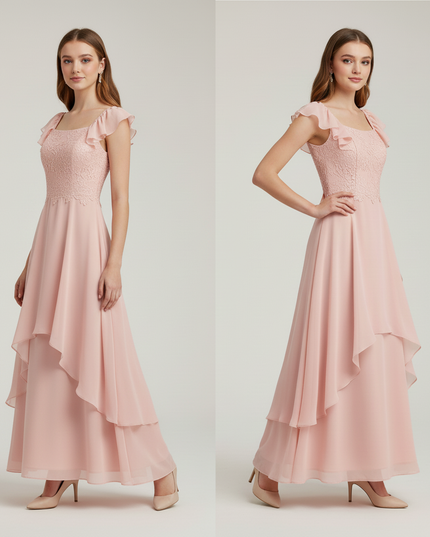 Jugendweihe Kleid Pfirsich Spitze | Chiffon Festkleid - Ansicht 3