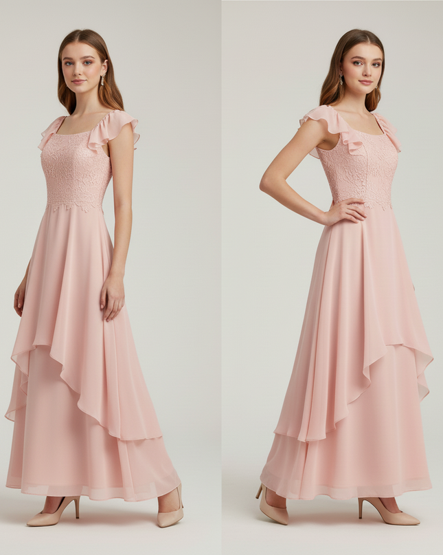 Jugendweihe Kleid Pfirsich Spitze | Chiffon Festkleid - Ansicht 3