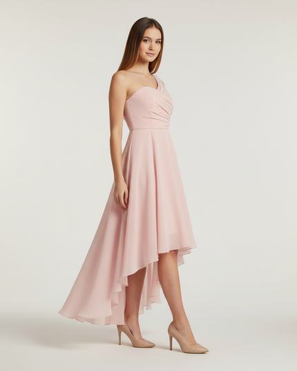 Jugendweihe Kleid Pink Asymmetrisch Einschultrig Chiffon - Ansicht 3