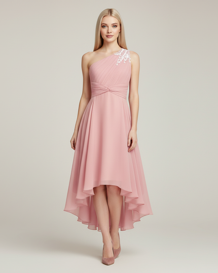 Jugendweihe Kleid Pink Einschultrig Hi-Low Pailletten - Ansicht 1