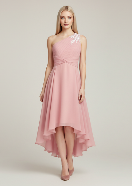 Jugendweihe Kleid Pink Einschultrig Hi-Low Pailletten - Ansicht 1